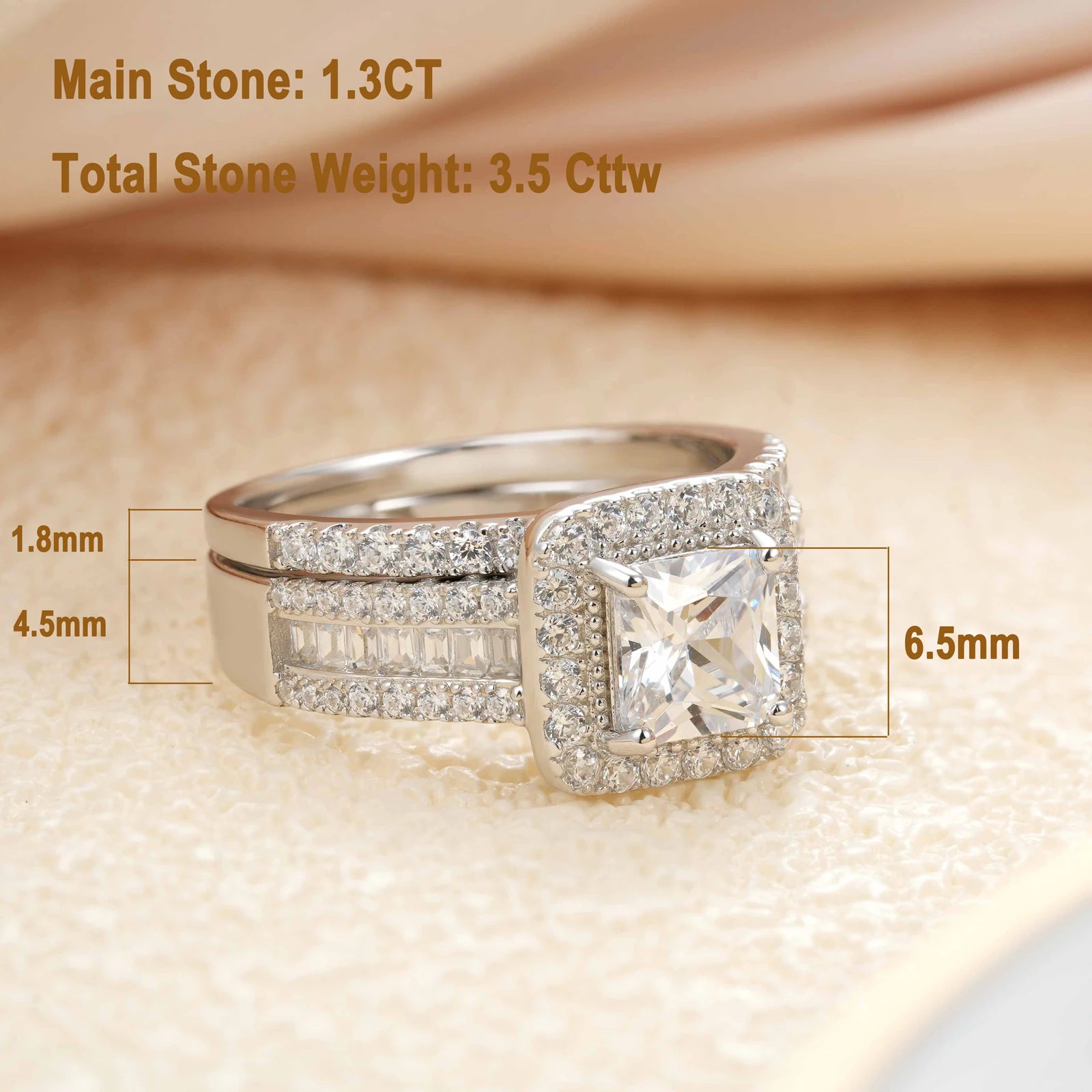 925 Sterling Silver Wedding Jewelry Bridal Ring for Women with Cubic Zircon Set of 2 Pcs