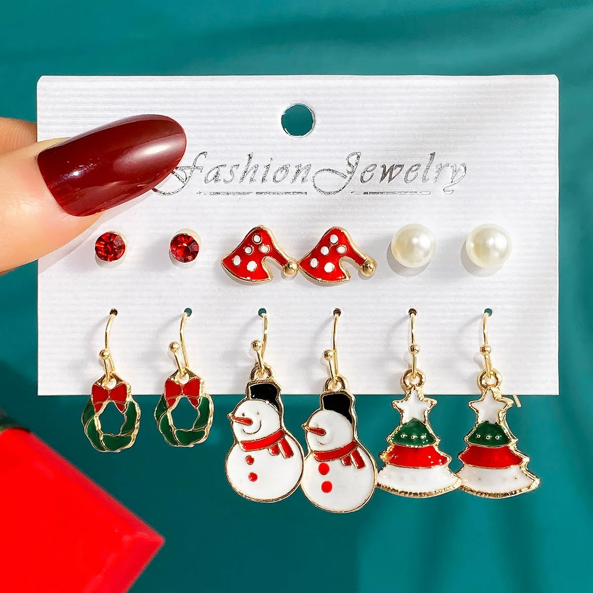 Ensemble de 6 paires de boucles d'oreilles de Noël, motif dessin animé dégoulinant d'huile, élan, Père Noël et sapin de Noël pour femmes
