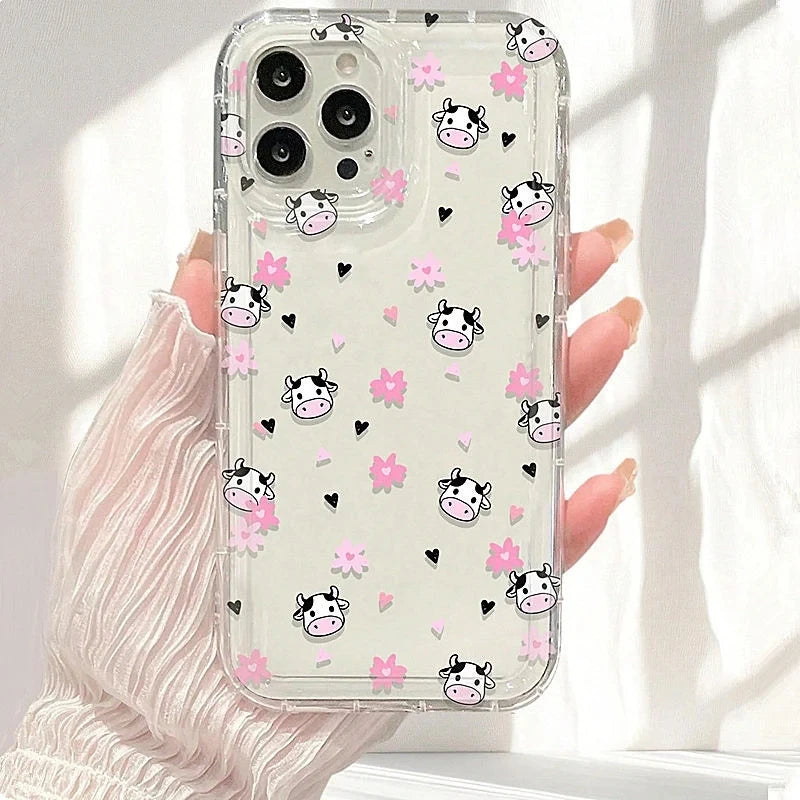 Cute Cartoon Flowers Cow Print Clear Phone Case For iPhone 11 12 13 14 15 16 Pro Max Mini XR XS X 7 8 Plus SE2020 Silicone Cover