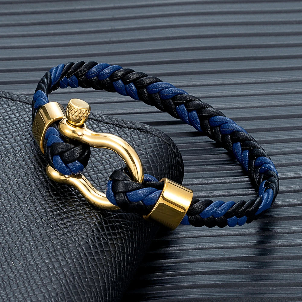 MKENDN Gold Color Stainless Steel Shackle Bracelet Simple Lucky Red Braided Leather Bracelets for Men Women Handmade Jewelry