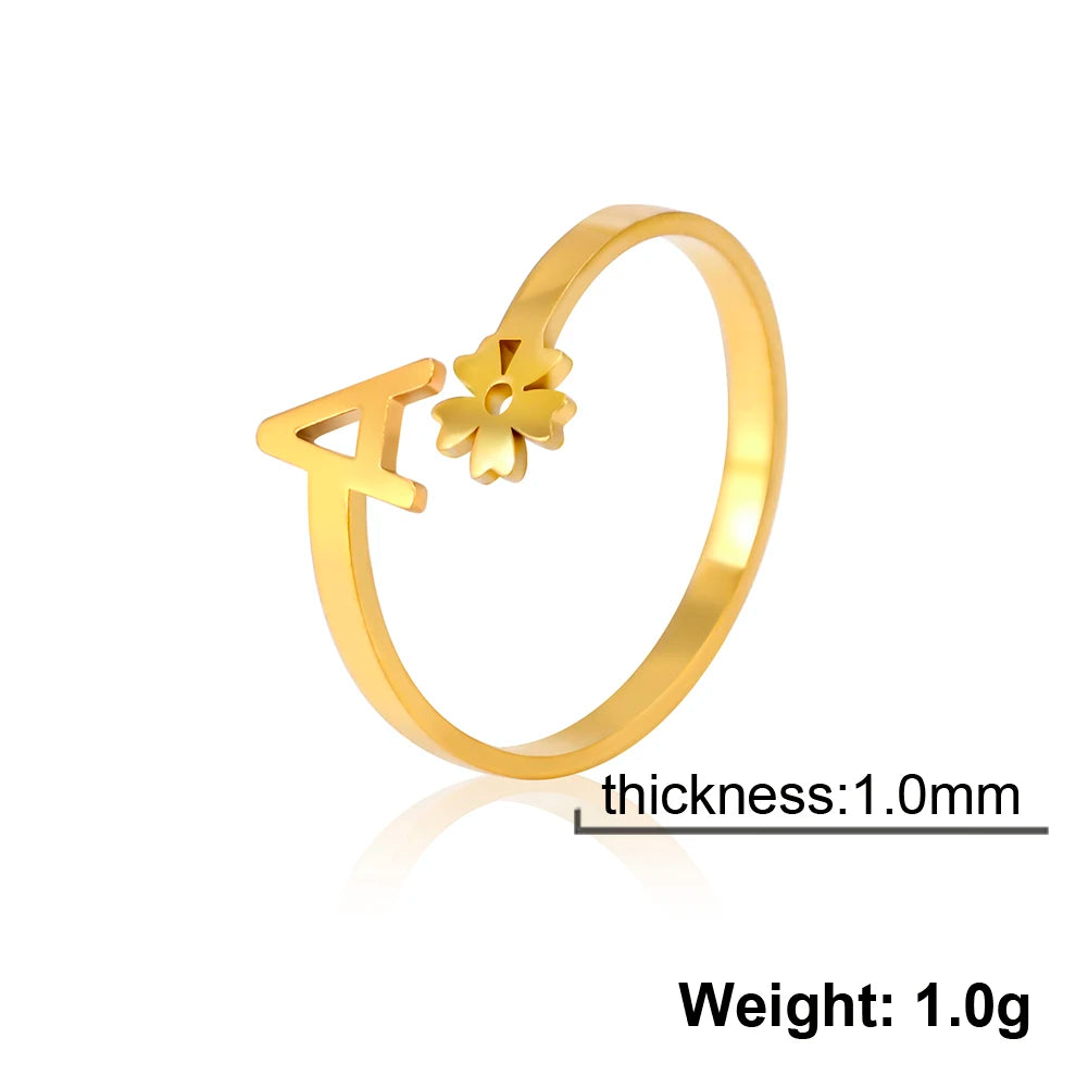 Stainless Steel Flower 26 Alphabet Open Ring for Women A-Z Initial Name Ring 2022 New Fashion Jewelry for Birthday Gift