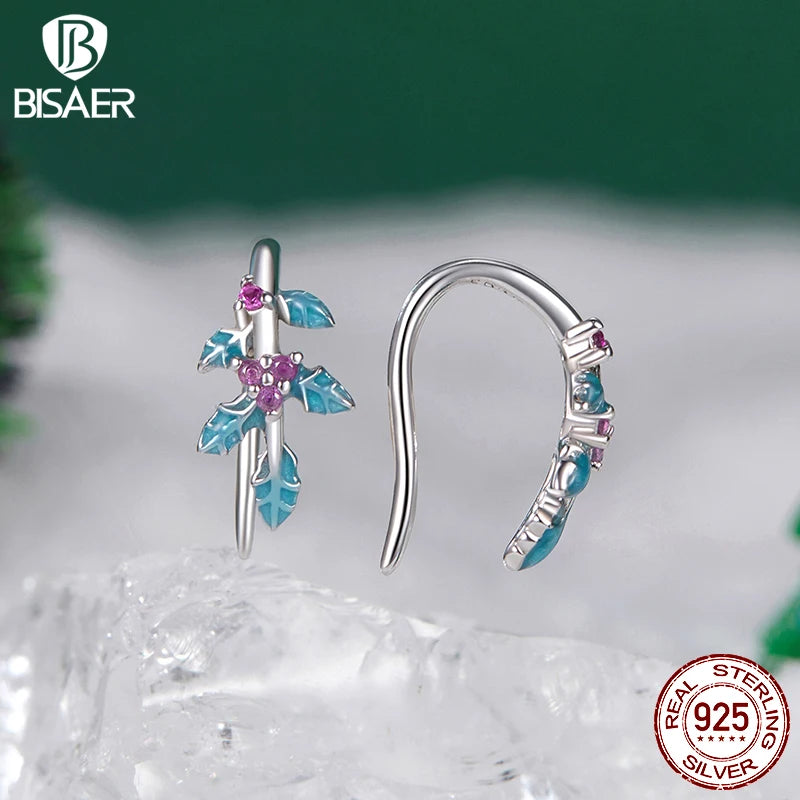 BISAER 925 Sterling Silber Exquisite Stechpalmen-Ohrstecker Emaille-Prozess plattiert Weißgold für Frauen Edler Schmuck Weihnachtsgeschenk
