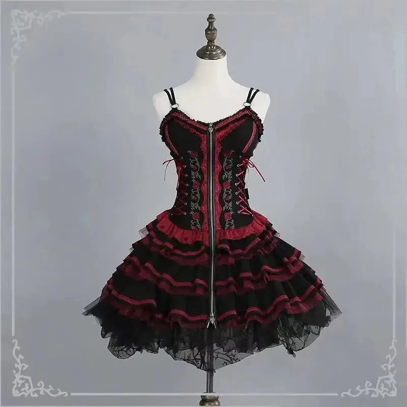 Gothic Lolita Y2k Dress Women Vintage Victorian Harajuku Lace Bandage Rose Embroidery Party Dresses Girls Sleeveless Vestidos