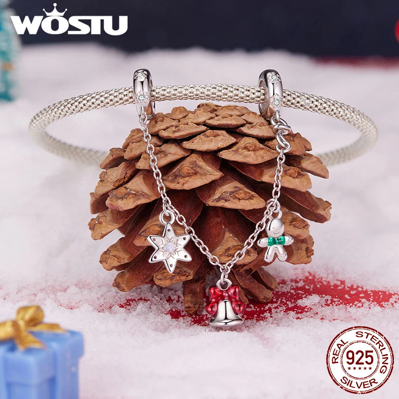 WOSTU 925 Silver Christmas House reindeer Beads Xmas bell Safty Chain Charms, Crystal Ball snowflake Pendant DIy Jewelry Gift