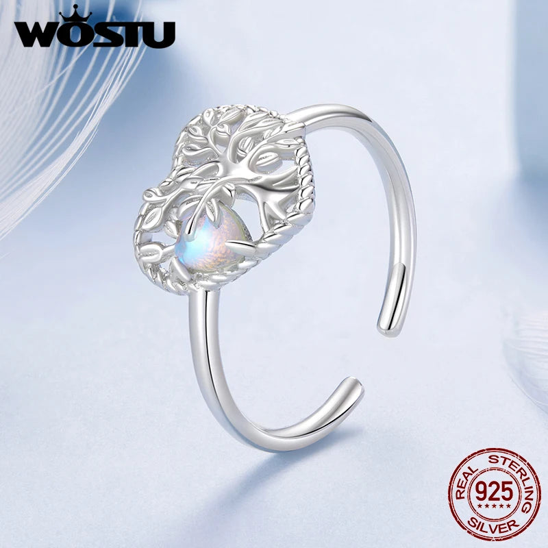 WOSTU 925 Sterling Silver Tree of Life Open Ring Heart Moonstone White Gold Women Wife Anniversary Birthday Fine Jewelry Gift