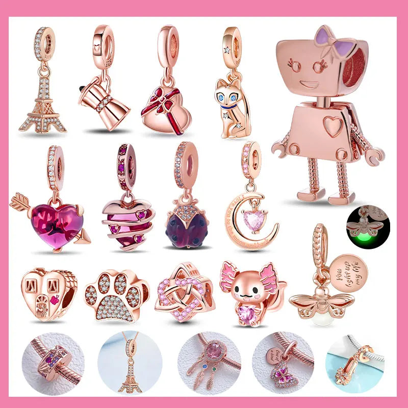 925 Sterling Silver Real Rose Gold Pink Octopus Summer Turtle Heart Dangle Charm Fit Original Bracelet Necklaces Bracelet Girl