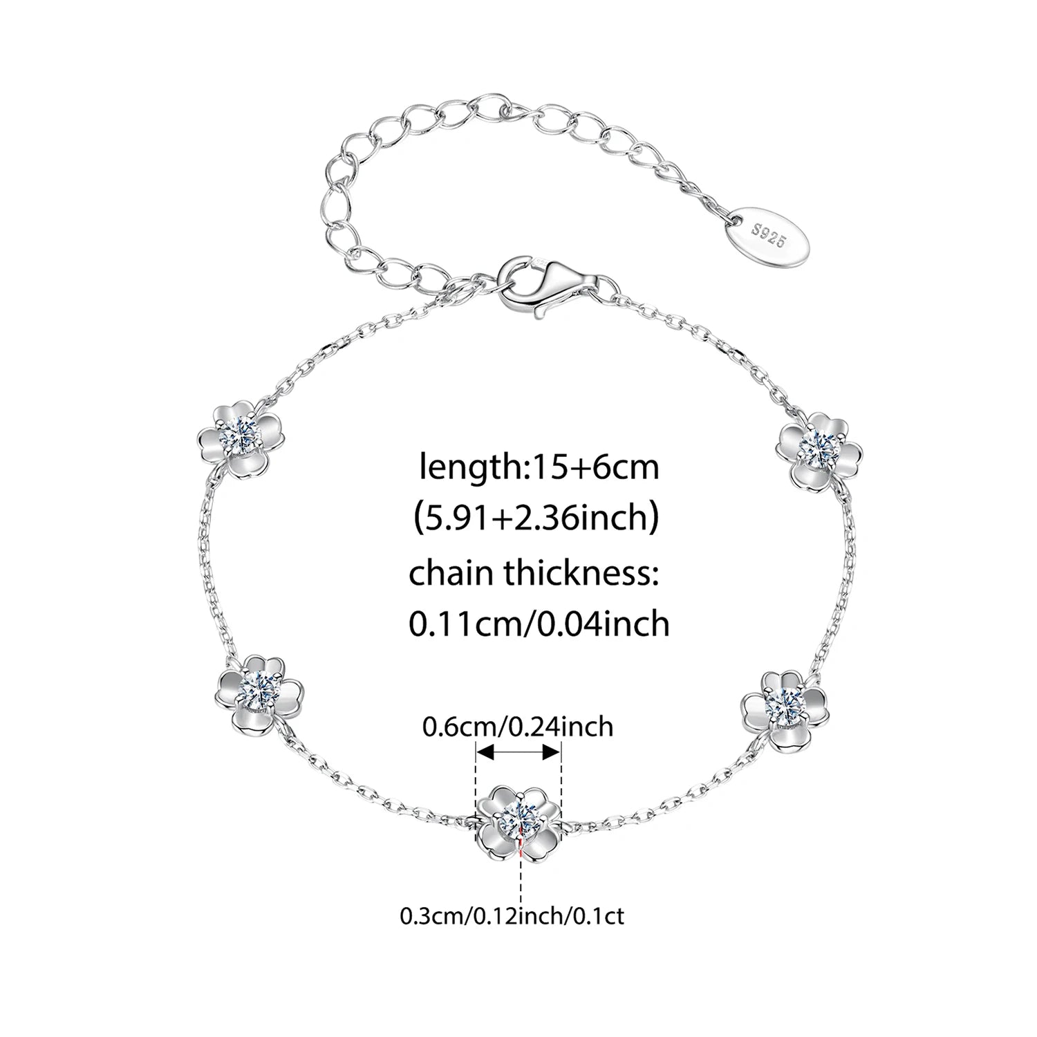 WOSTU Four-leaf Clover Moissanite Opening Ring Stud Earrings Chain Bracelet For Women 925 Silver Diamond Cut Wedding Jewelry Set