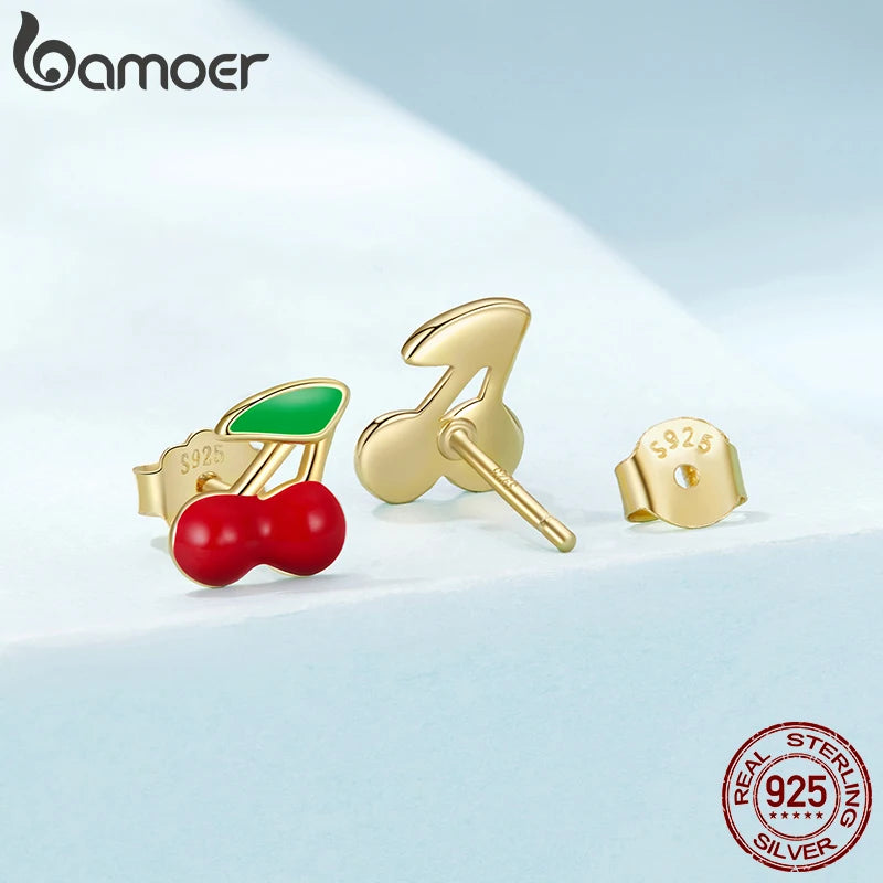 BAMOER 925 Sterling Silver Red Enamel Colored Chili Pepper Cherry Stud Earrings for Women Gold Plated Cartilage Piercing Jewelry