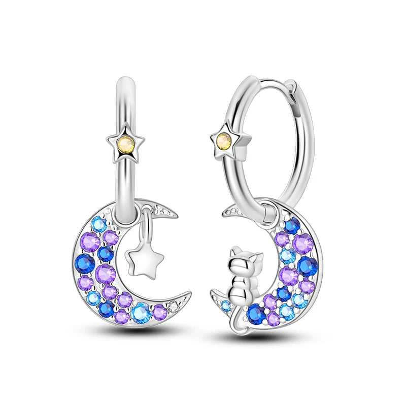 Classic Earrings 925 Silver Zircon Shiny Stars Moon Warm Sun Double Hoop Earrings For Women Original Birthday Party Jewelry Gift