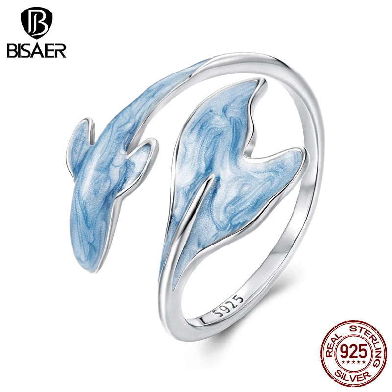 BISAER 925 Sterling Silver Guppy Open Ring Fish Blue Enamel Band Plated White Gold for Women Party Fine Jewelry Holiday Gift