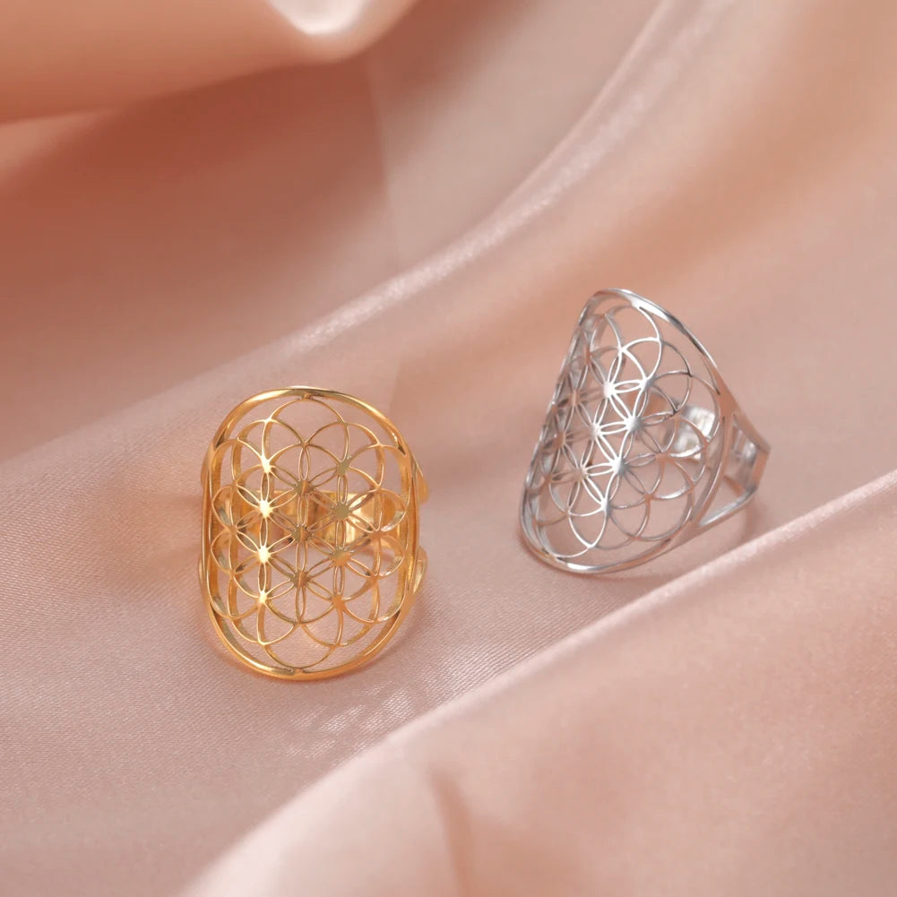 Unift Scared Geometry Flower of Life Ring Adjustable Stainless Steel Ring Men Women Accessories Vintage Filigree Viking Jewelry - Madeinsea©