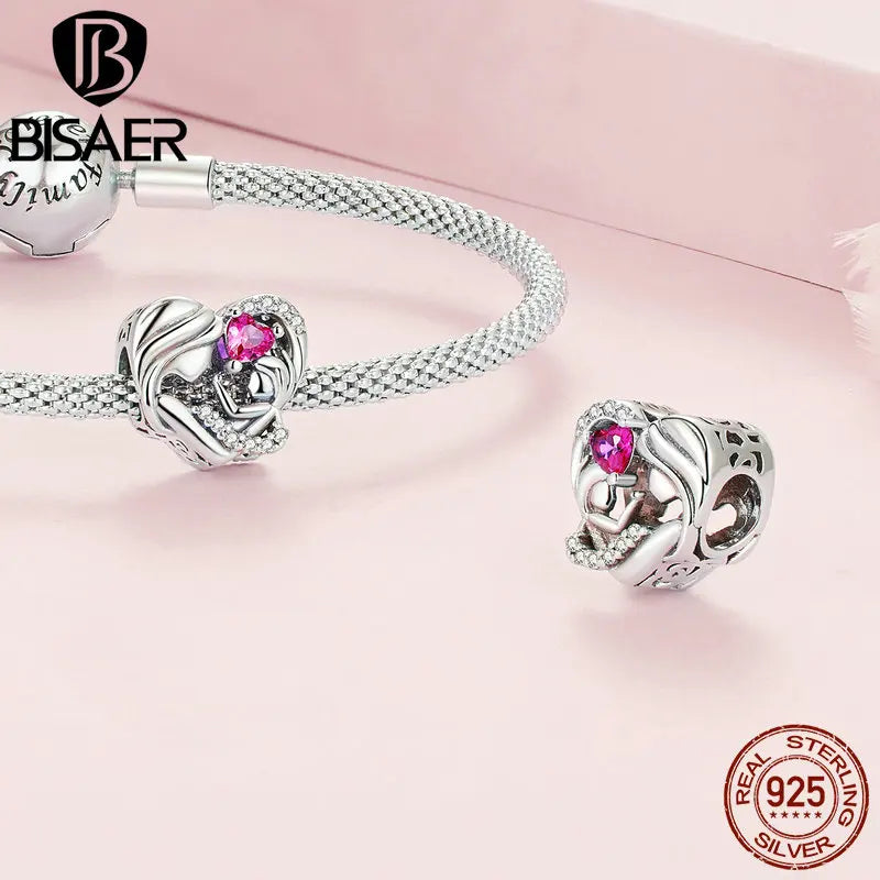 BISAER 925 Sterling Silver Heart Family Charm Angel Mother Child Hug Love Bead For Women Mother's Day DIY Bracelet Fine Jewelry