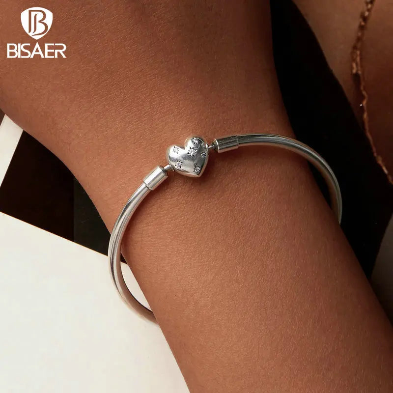 BISAER 925 Sterling Silver Heart Bracelet Dainty Starry Basic Bracelet Plated White Gold for Women DIY Charm Bead Fine Jewelry