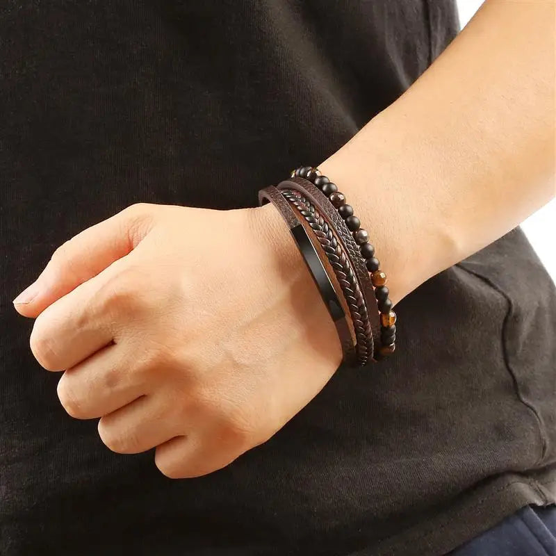 Jiayiqi New Leather Bracelet Men Classic Fashion Tiger Eye Beaded Multi Layer Leather Bracelet For Men Jewelry Gift Dropshipping