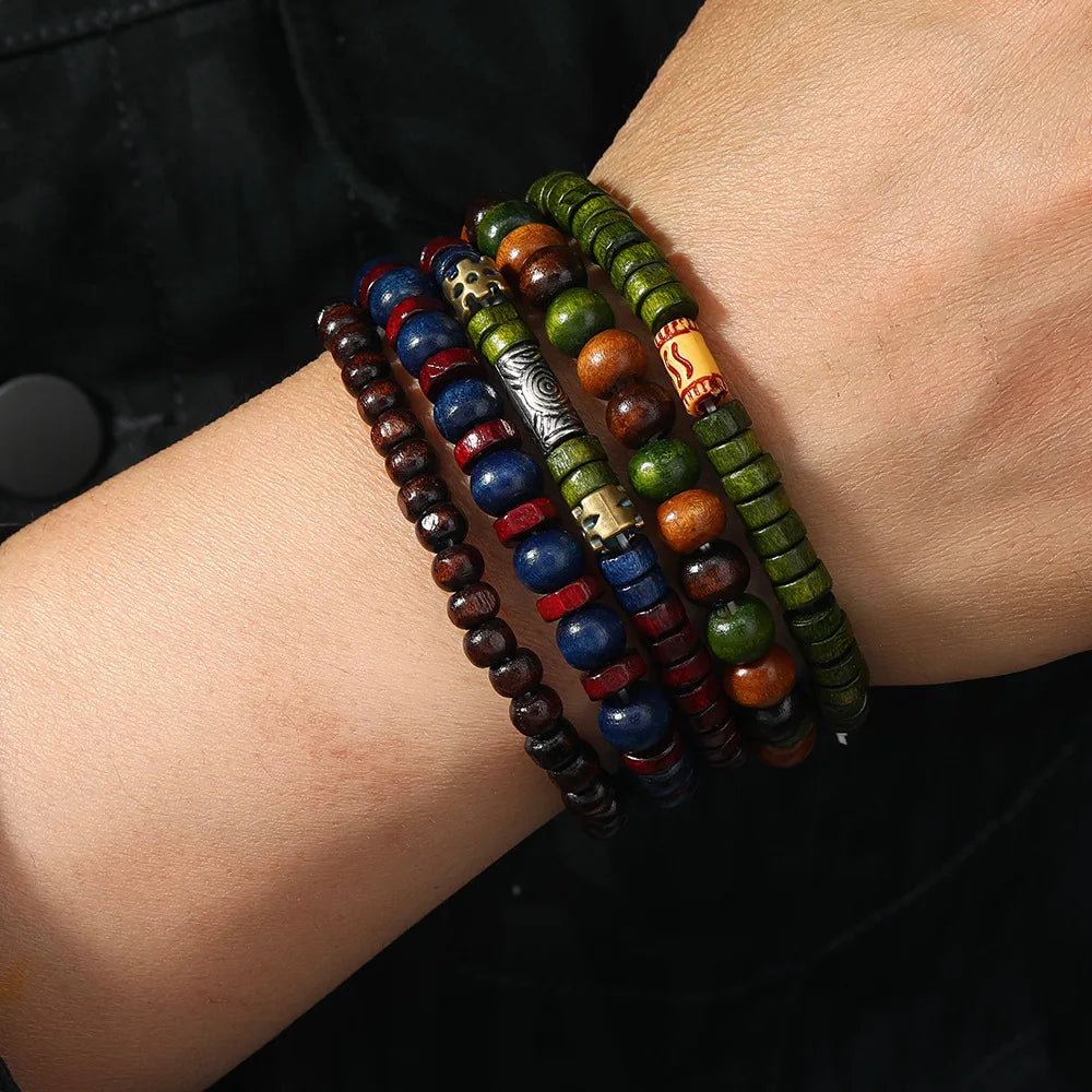 4Pcs/ Set Braided Wrap Leather Bracelets for Men Vintage Life Tree Rudder Charm Wood Beads Ethnic Tribal Wristband Rope Bracelet