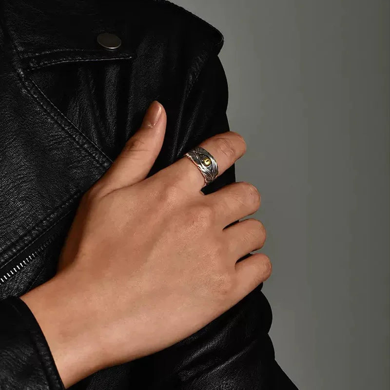 Retro Evil Eye Feather Ring For Men Punk Gothic Rock Hiphop Designer Open Ring Handmade Jewelry Bikers Accessories Unisex Gift