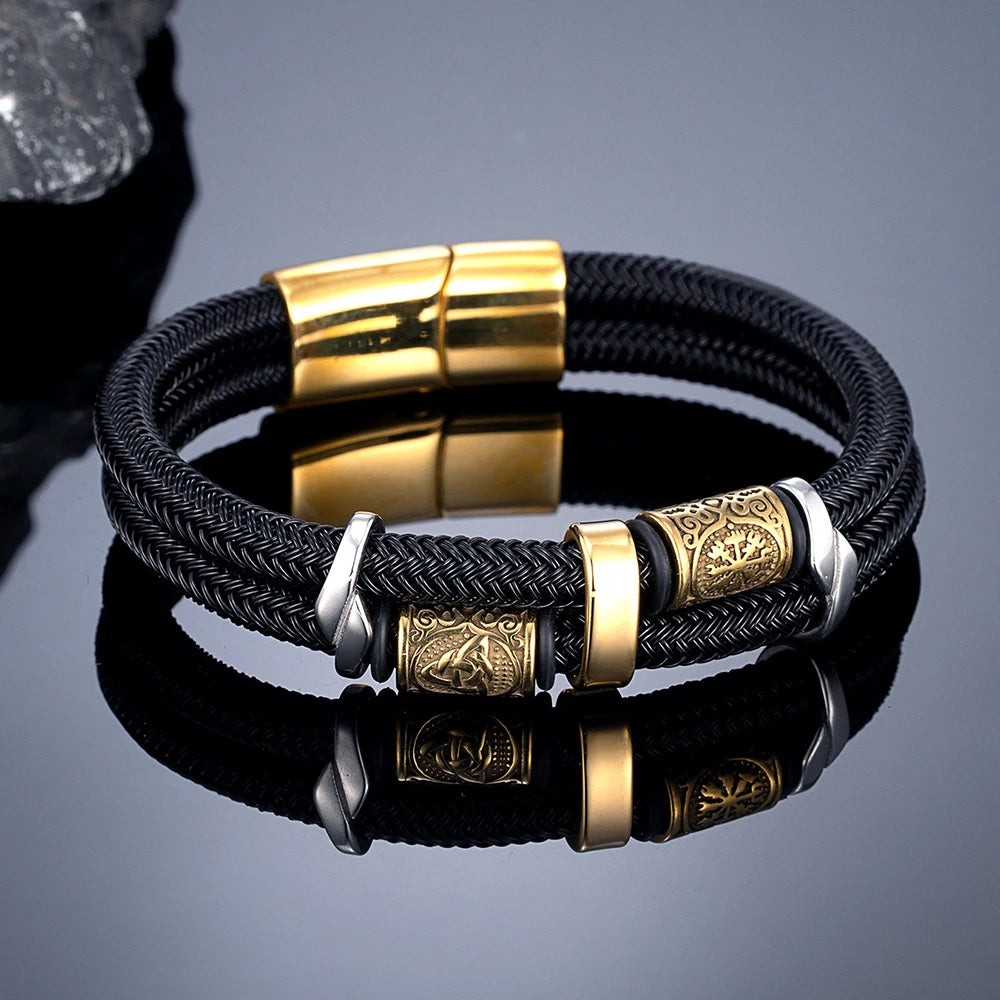 MKENDN Norse Mythology Viking Compass Runes Amulet Bracelet With Non-fading Steel Wire Rope Bracelet Men Classic Charm Bracelet