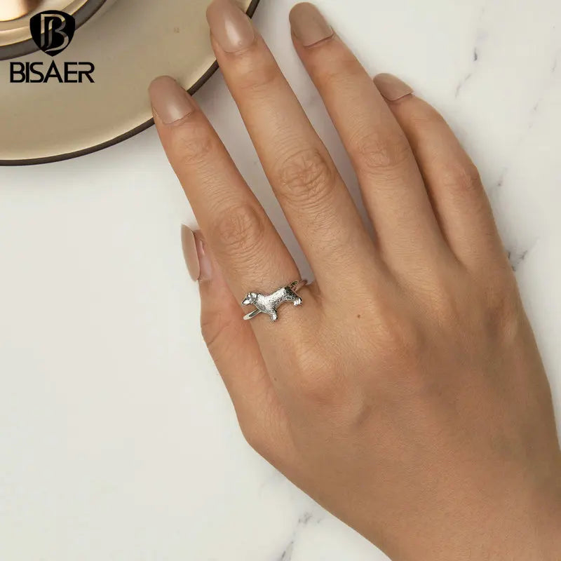 BISAER 925 Sterling Silver Cute Golden Retriever Open Ring Pet Dog Band Plated White Gold for Women Party Original Fine Jewelry