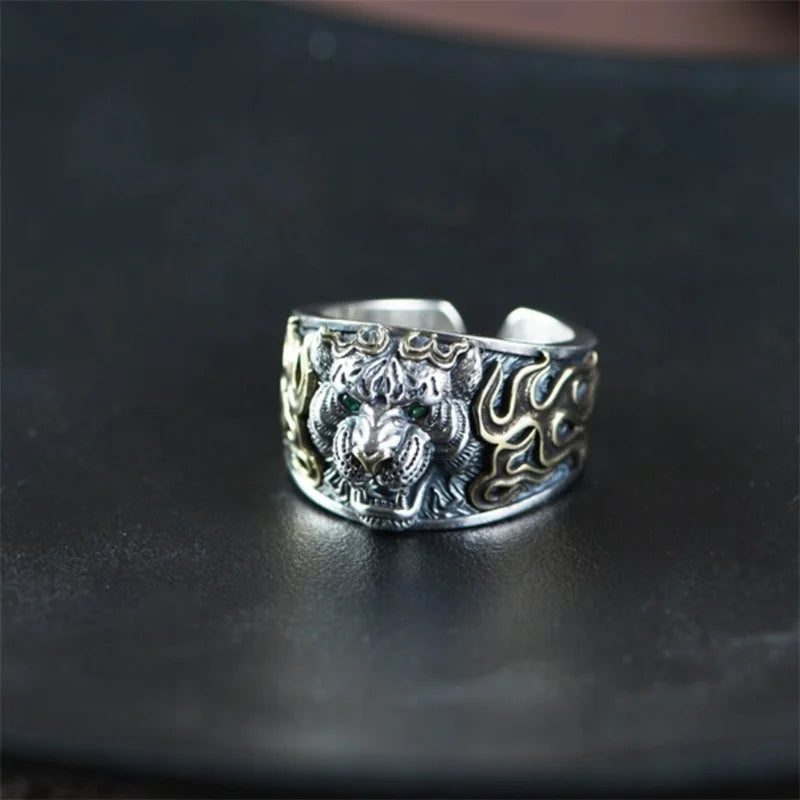 New Fashion Gold Silver Collision Tiger Ring Male Finger Accessories Domineering Tiger Crystal Eye Ring Male Jewelry Open Size