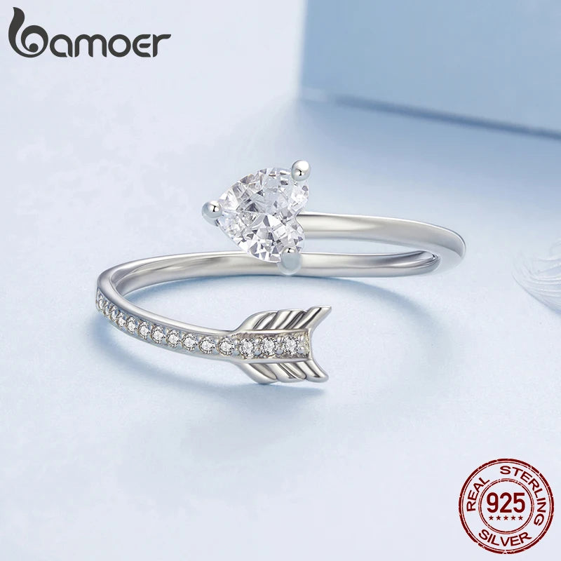 BAMOER 2025 Solid 925 Sterling Silver Arrow Heart Adjustable Ring, Fashion Adjustable Ring Minimalist Jewelry BSR666-E
