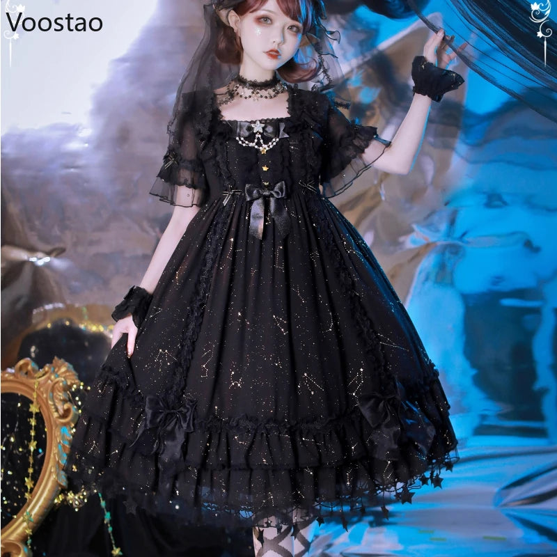 Victorian Gothic Lolita Dress Women Elegant Sweet Dark Bow Pearl Chain Evening Party Dresses Harajuku Y2k Punk Princess Dress