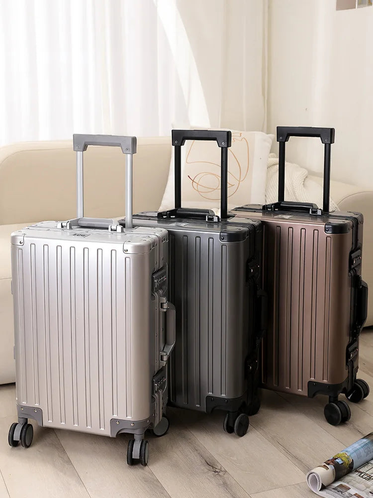 All-aluminum-magnesium alloy suitcase: women's 24-inch aluminum-framed swivel trolley case, men's 20-inch boarding travel metal