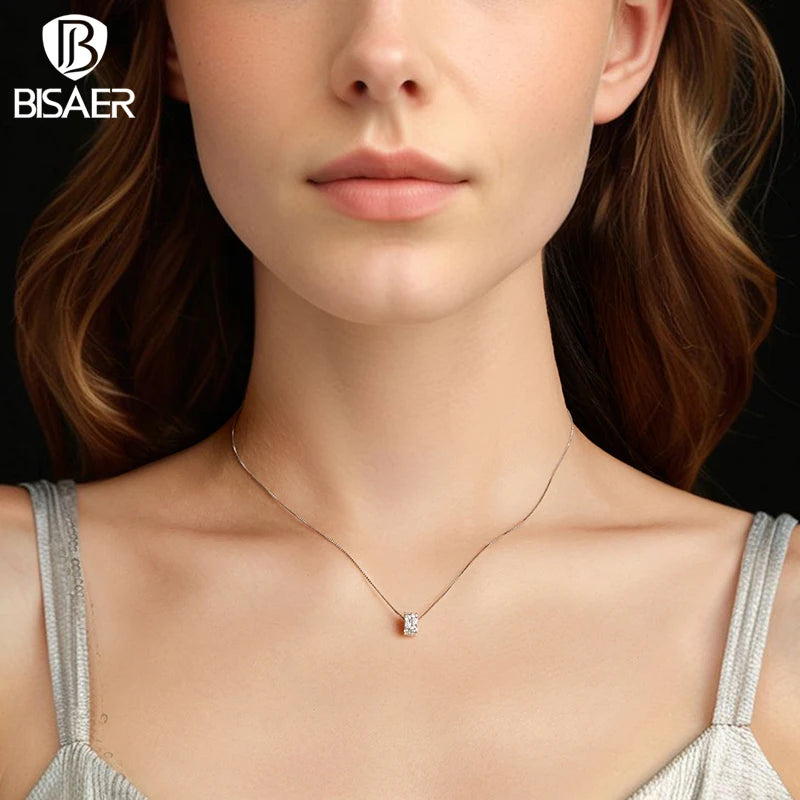 BISAER Lucky Ring Necklace Cutting Lab Grown Diamond 925 Sterling Silver Chain Plated White Gold Wedding Fine Jewelry MSN048