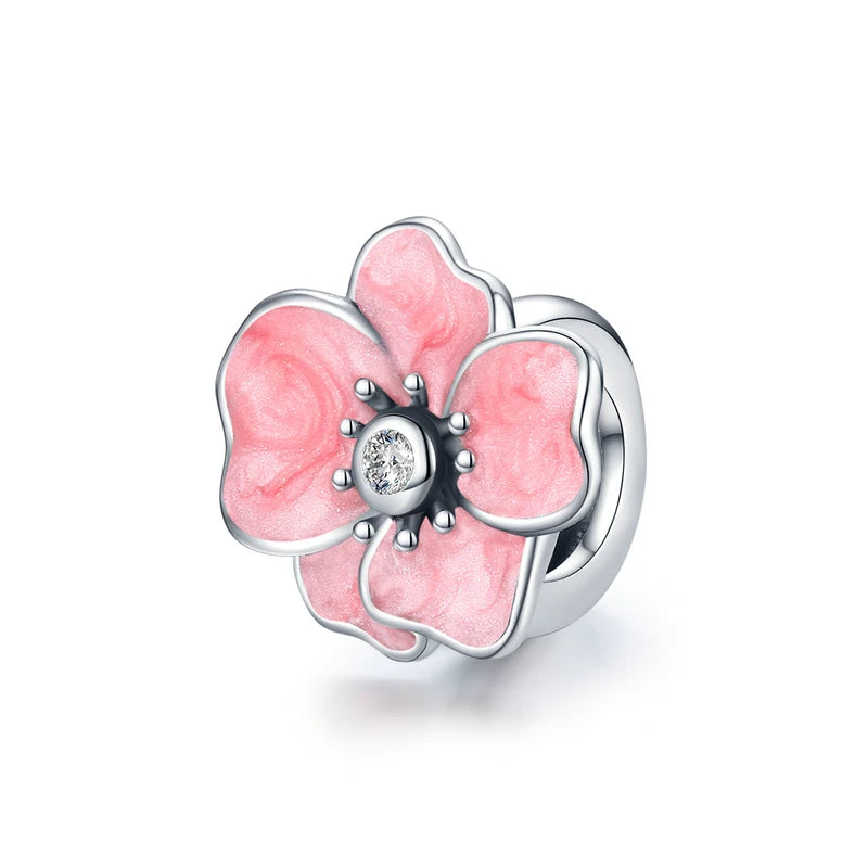 BAMOER Sonnenblumen-Anhänger aus 925er Sterlingsilber, transparent rosa Blume, mondförmiger Lebensbaum-Anhänger, Perlen zum Selbermachen, origineller Schmuck