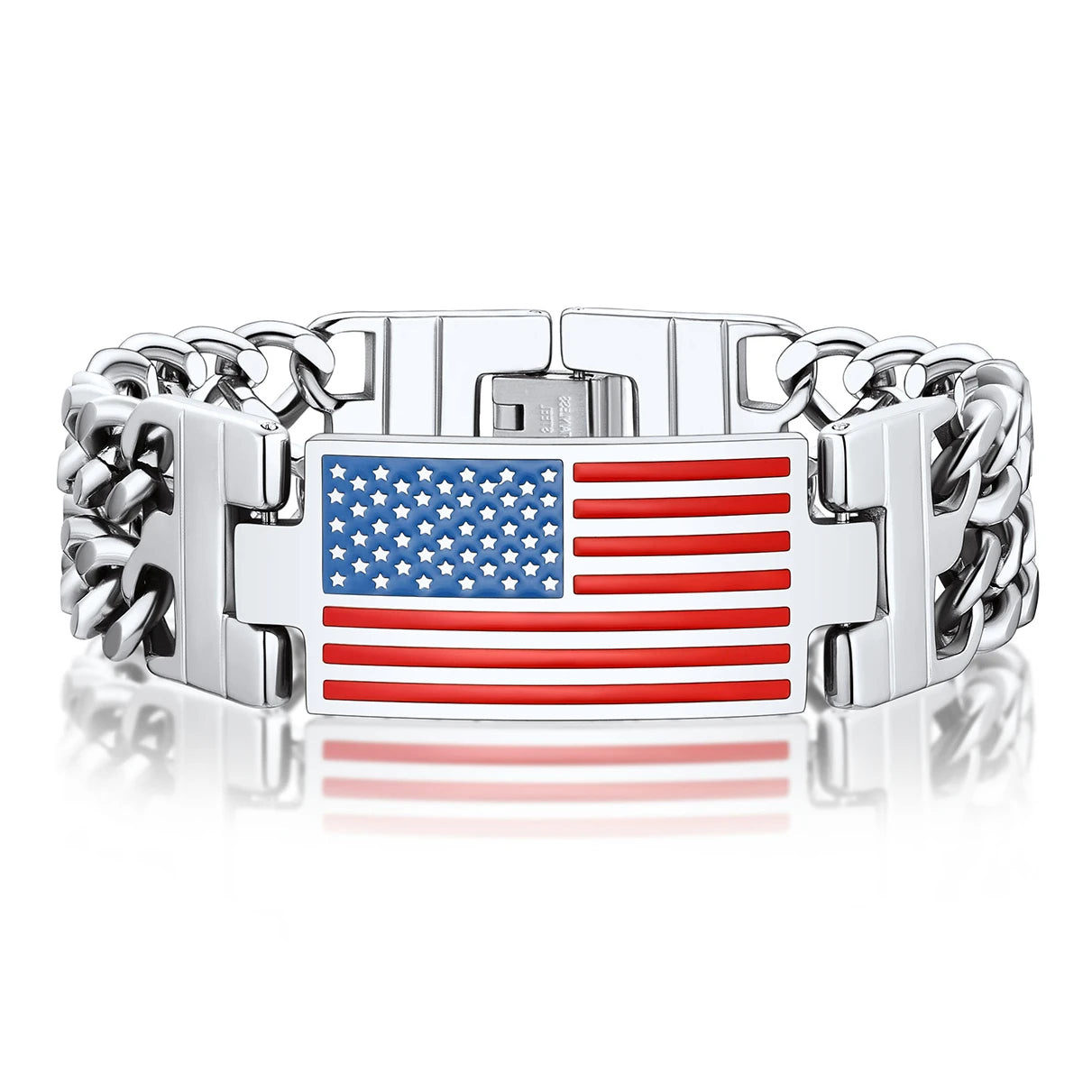 ChainsPro Stainless Steel 17.5mm Wide USA Flag Bracelet Bangle for Man Double Curb Chain 4th of July Independence Day 19 21 23cm