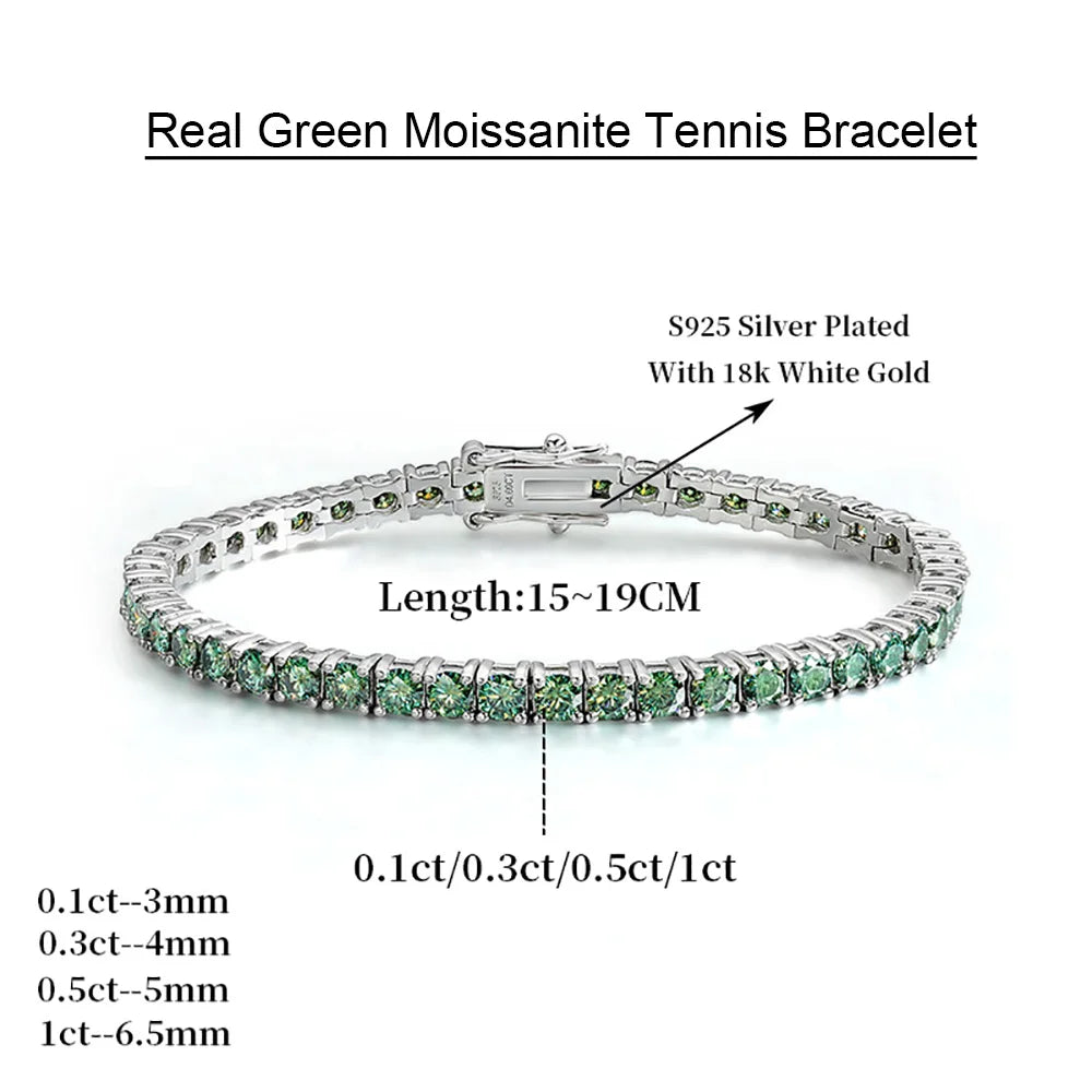 Serenity 3mm Green Moissanite Tennis Bracelet for Women Man Anniversary Gift S925 Sterling Silver Bracelet Plated 18k Hand Chain