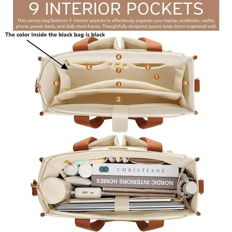 15-Pocket Large Crossbody Tote Bag with Laptop Compartment, Zipper Closure & 15-Pocket Organization - Heavy-Duty Nylon Bookbag