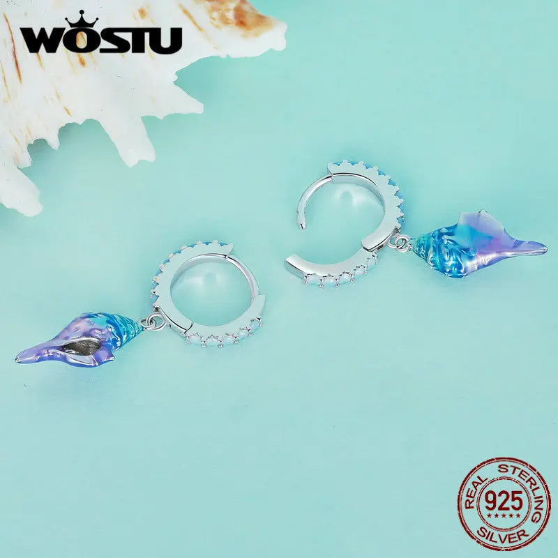 Genuine 925 Sterling Silver Dreamy Blue Conch Drop Dangle Earrings