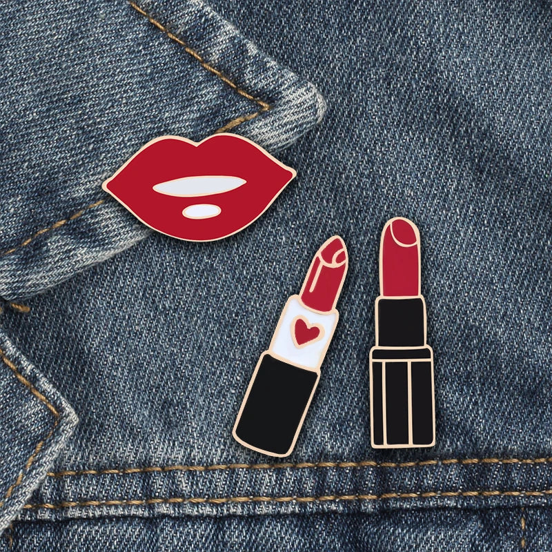 Sexy Girl Red Lips and Lipsticks Enamel Pins Women Charm Metal Brooches Coat Hat Bag Lapel Pin Badges Jewelry Accessories Gift