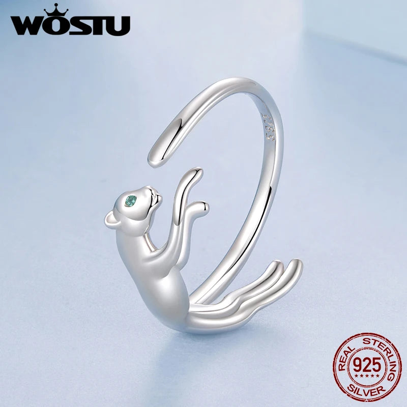 WOSTU S925 Silver Panther Leopard Ring for Women, Elegant Big Cat Animal Adjustable Rings With Green Crystal Eyes Statement Gift