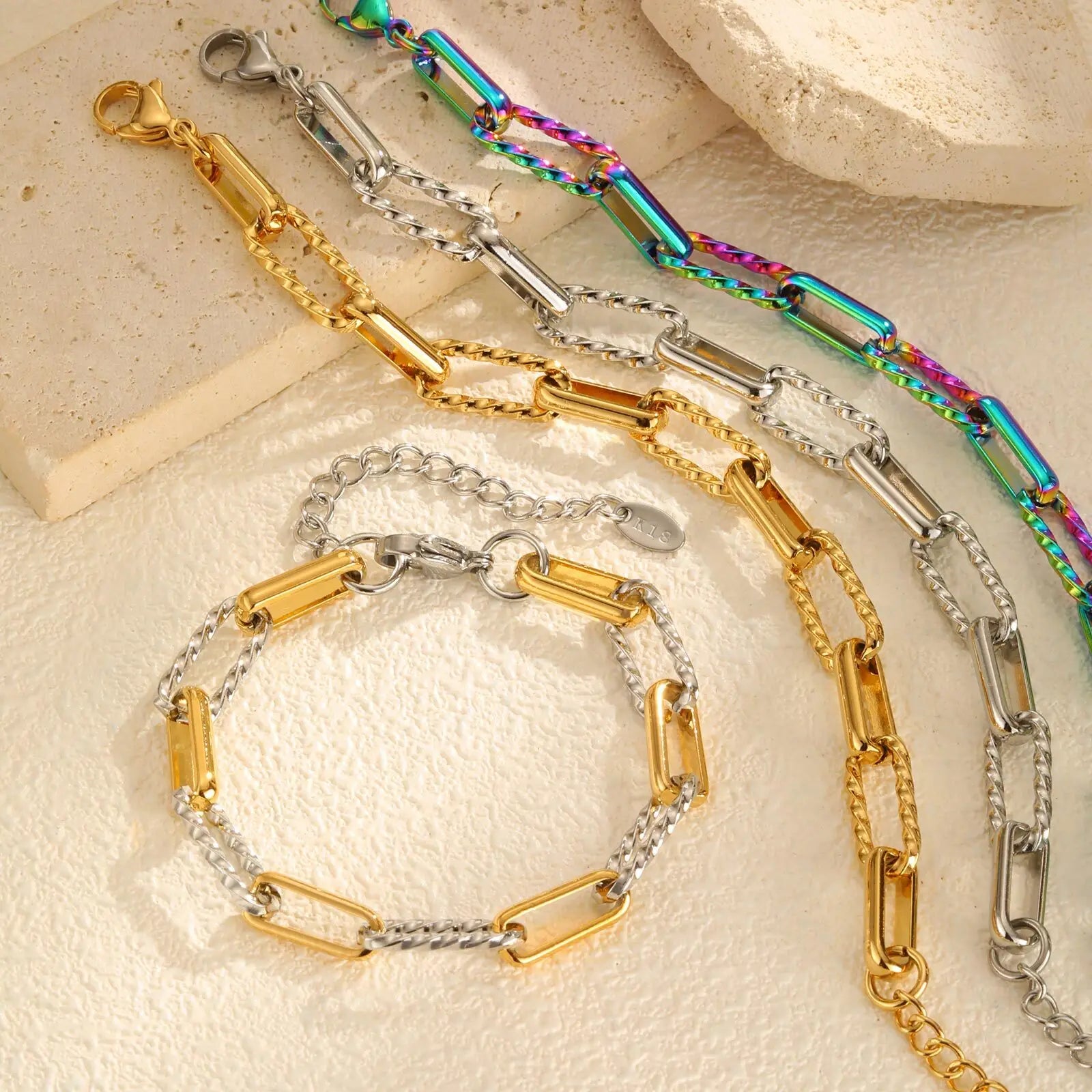 Vnox Shiny Paperclip Bracelet For Women,Stainless Steel Waterproof Rectangle Colorful Chain Bracelets,Trendy Metal jewelry Gift