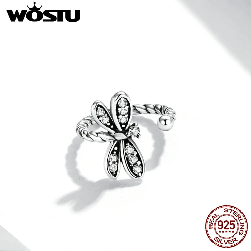 WOSTU Solid 925 Vintage Silver Stackable Twisted Ear Clip Huggies Earrings For Women, s925 Ball Studs Drogaonfly Ear Cuff Gift