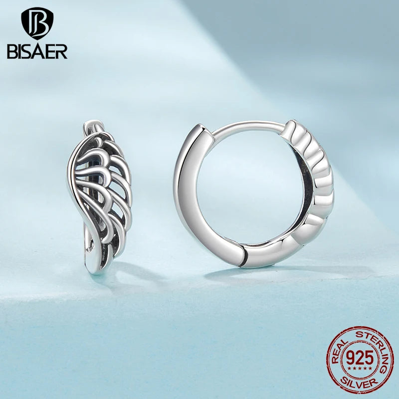 BISAER Solid 925 Sterling Silver Vintage Hollow Wing Hoop Earrings Hip Hop Punk Style For Women Party Original Fine Jewelry