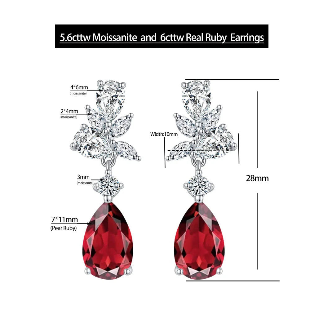 Serenity 5.6ct D Color Moissanite Drop Earrings for Women 100% S925 Sterling Silver Plated 18K 6ct Real Cultivated Ruby Earrings - Madeinsea©