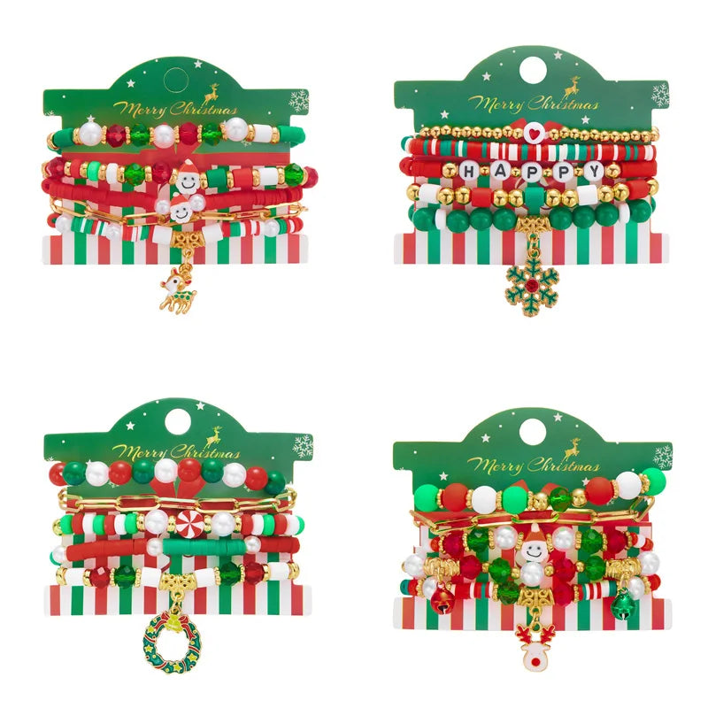 5Pcs Multilayer Beaded Bracelet Set For Women Multicolor Rice Beads Christmas Tree Santa Claus Snowman Bangle New Year Jewelry