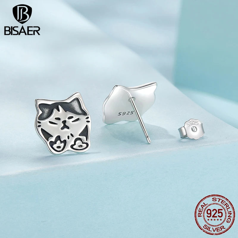 BISAER Real 925 Sterling Silver Cute Bowtie Cat Sud Earrings Lovely Pet Animals Stud Ear for Women & Girls Party Fine Jewelry
