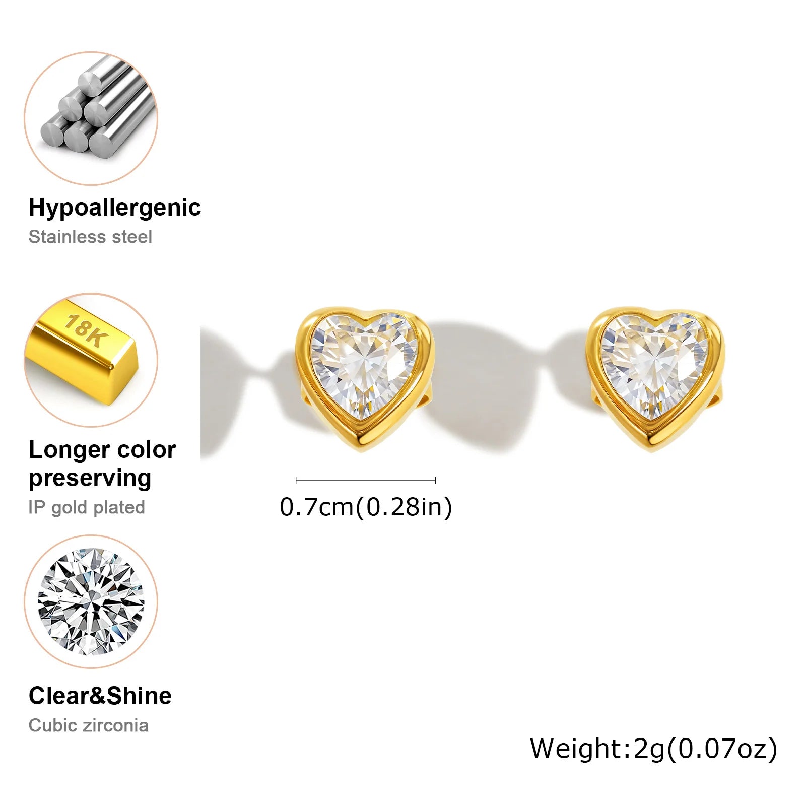 Vnox Love Cubic Zircon Heart Earring For Women Stainless Steel Jewelry To Party Gold Plated Elegant 1 Pair Earrings Holiday Gift