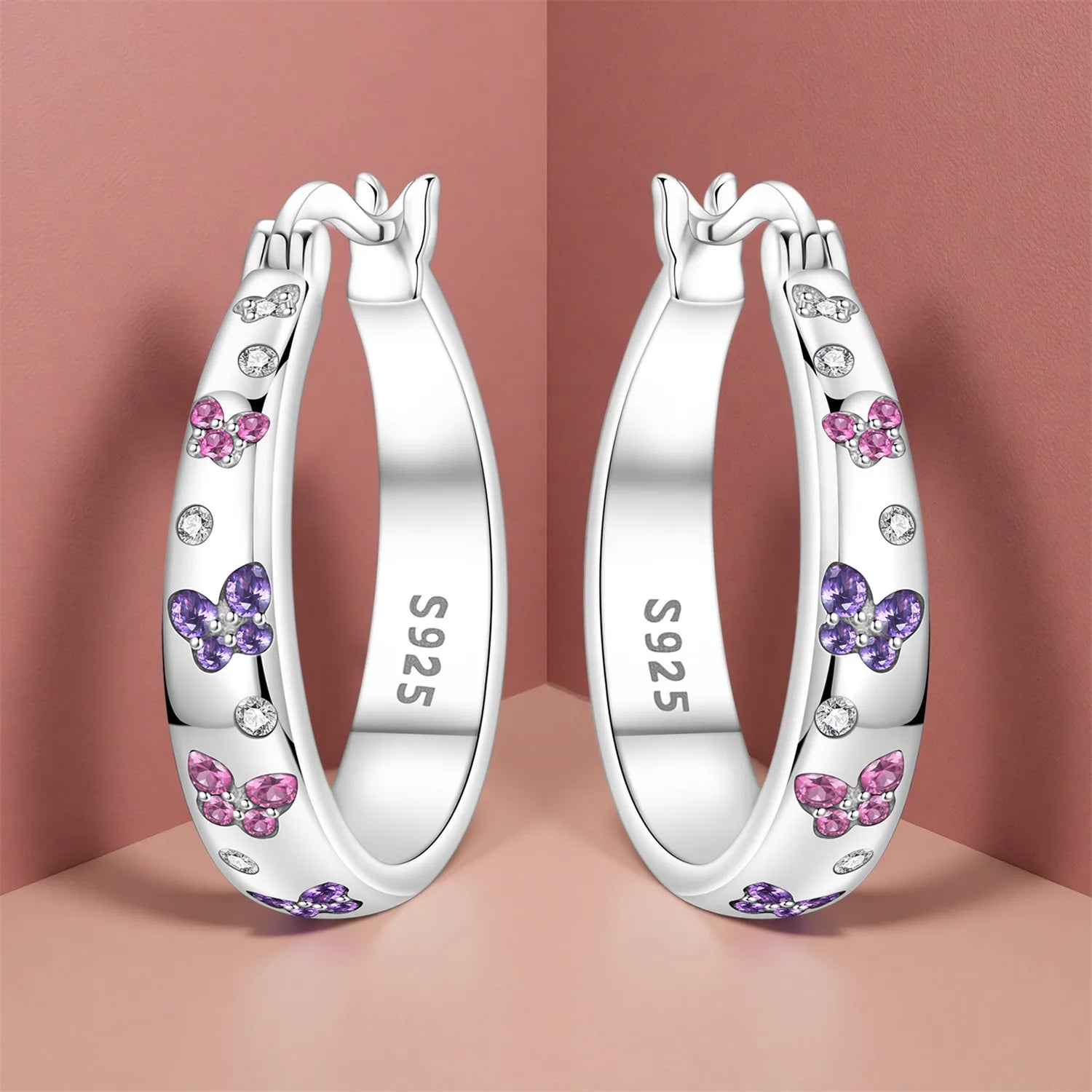 PANPOKI Original 925 Sterling Silver Pink Purple Butterfly Insects Earrings Women Hoop Earring Anniversary Jewelry Trendy Gifts