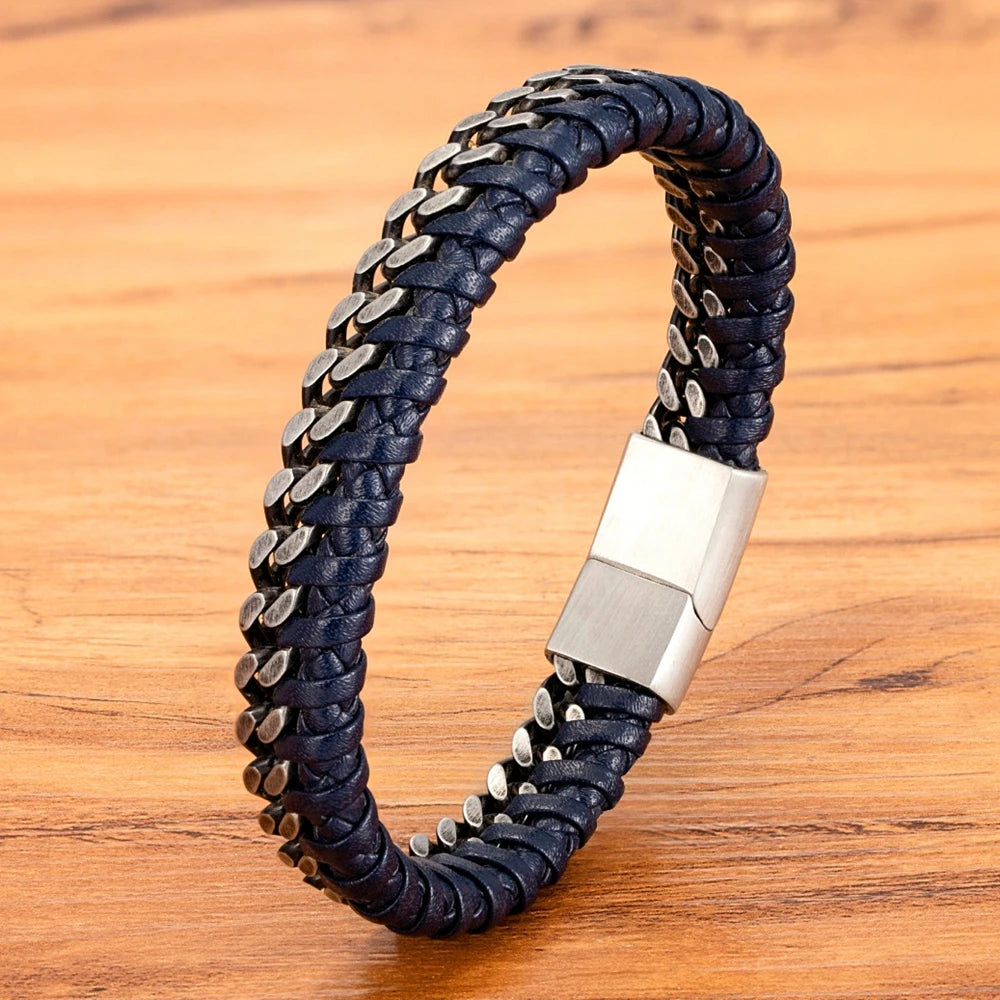 TYO New Fashion Stainless Steel Double Chain Braid Leather Mens Bracelet with Magnetic Buckle Best Gifts Whoesale Dropshipping