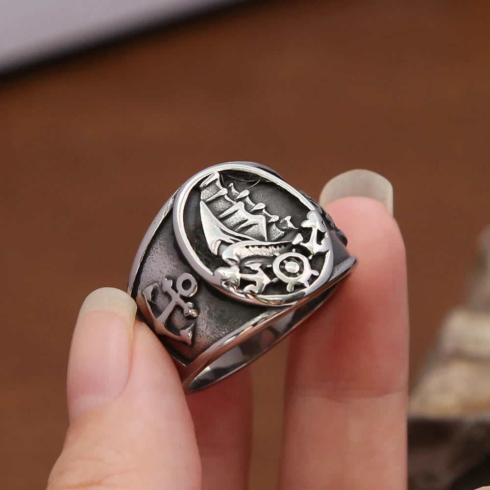 Fashion Vintage Nordic Sailboat Pirate Ring Male 316L Stainless Steel Viking Compass Rings Biker Amulet Jewelry Gift Wholesale