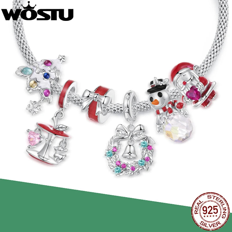 WOSTU 100% 925 Sterling Silver Christmas Tree Bead CZ Santa Claus Charm Snowman Pendant DIY Bracelet Necklace Original Jewelry