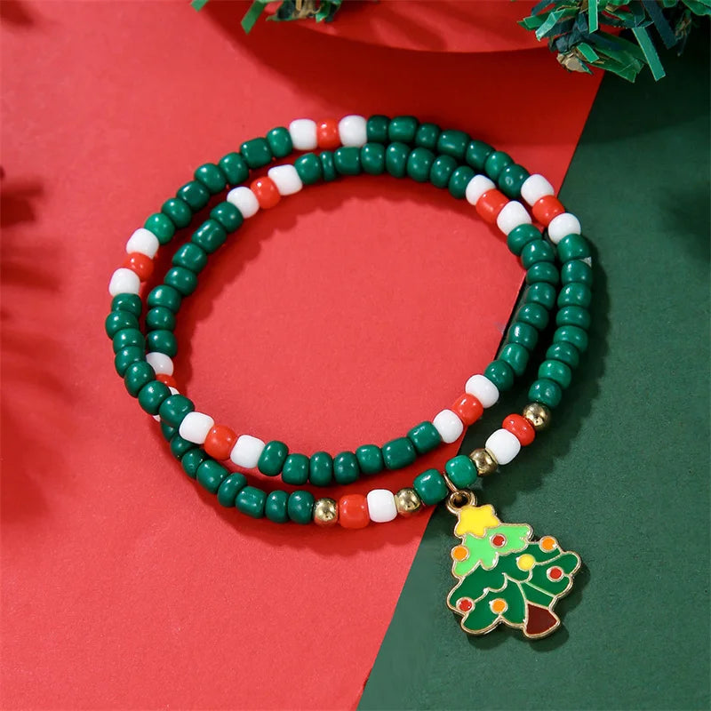 Handmade Rice Beads Christmas Bracelet for Women Santa Claus Snowman Xmas Tree Elk Pendant Bracelets New Year Party Jewelry Gift