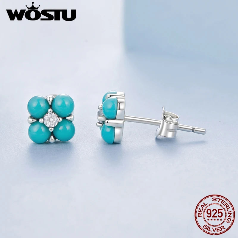 WOSTU 925 Sterling Silver Mini Turquoise Four Leaf Clover Stud Earrings For Women With Shiny Zircon Wedding Engagement Jewelry
