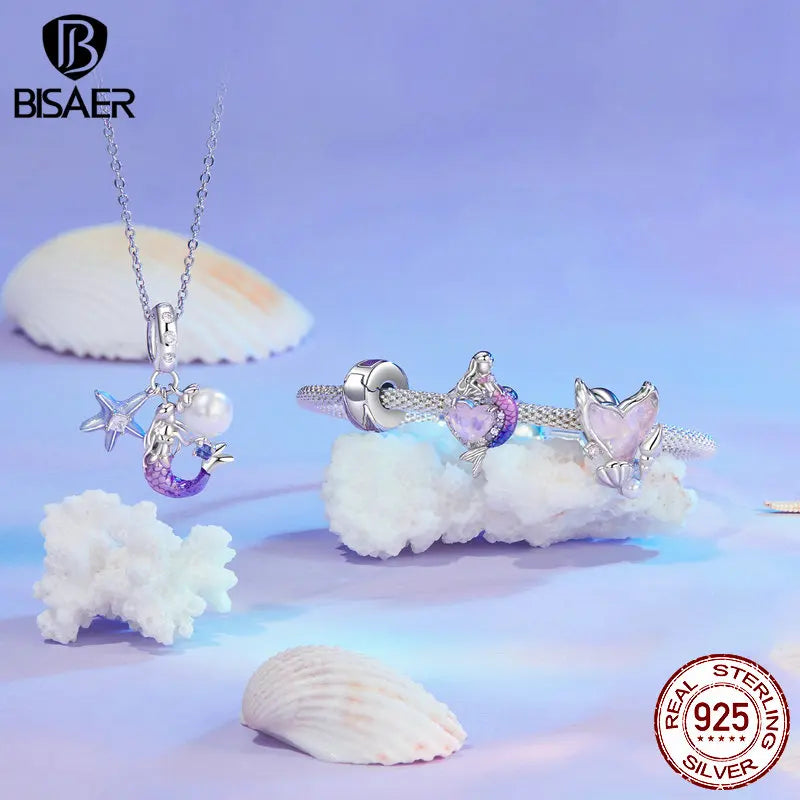 BISAER 925 Sterling Silver Ocean Dreamy Mermaid Charm Bead Rainbow Fishtail Crystal Pendant Fit Women DIY Bracelet Fine Jewelry