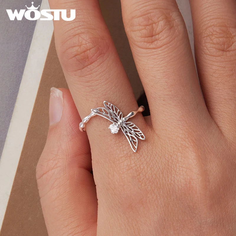 WOSTU 925 Sterling Sliver Dragonfly Open Ring For Women , Hollow Out Shiny CZ Insect Animal Adjustable Rings Daily Party Gift