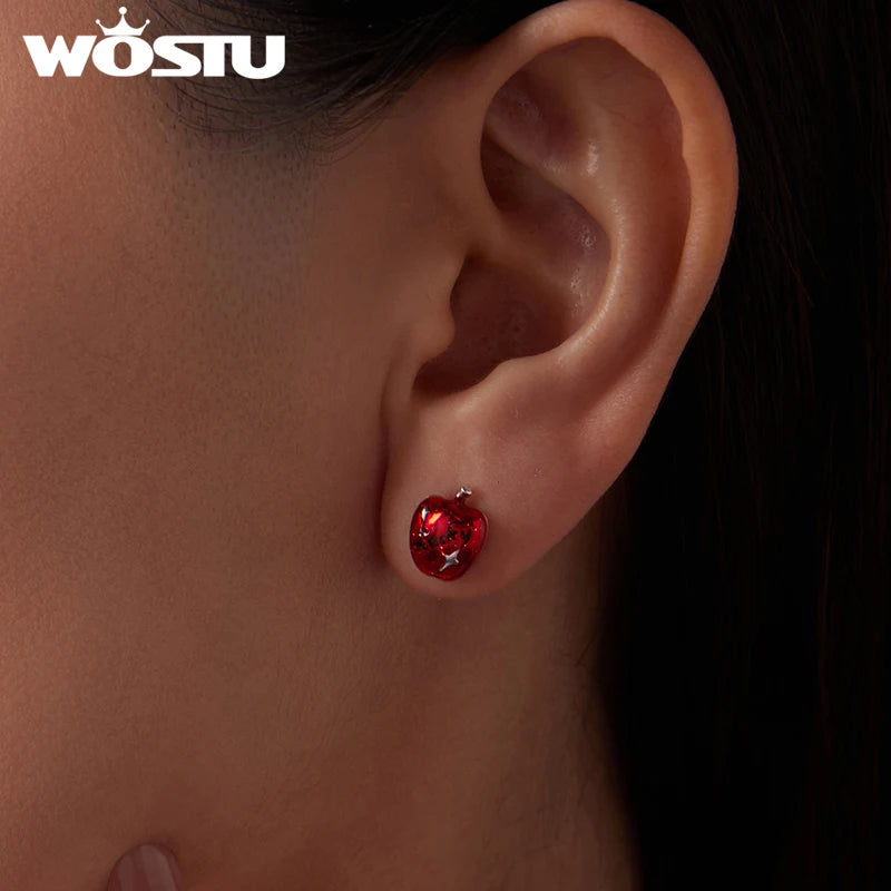 WOSTU Christmas Lucky Apple Stud Earrings For Women , 925 Sterling Silver Red Apple Earrings with Zircon Gems Cute Fruit Jewelry